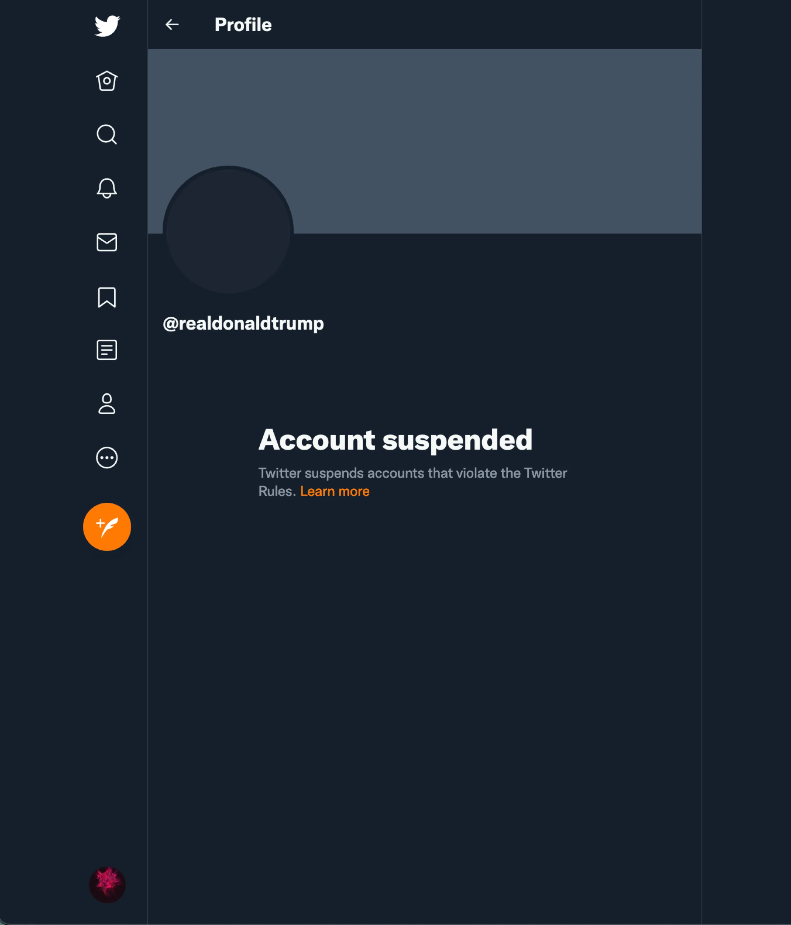 A screenshot of Donald Trump's suspended Twitter profile.