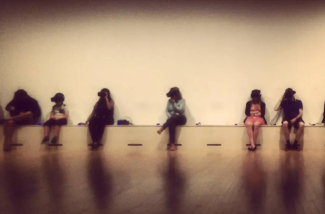 Participants wear virtual reality headsets in a work by Carston Höller, Hayward Gallery, London, 2015. Photo: Tim Murray-Browne.
