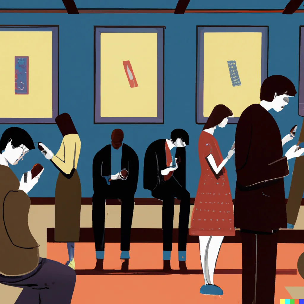 An AI generated image of people in an art gallery staring at their phones