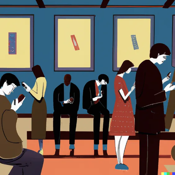 An AI generated image of people in an art gallery staring at their phones