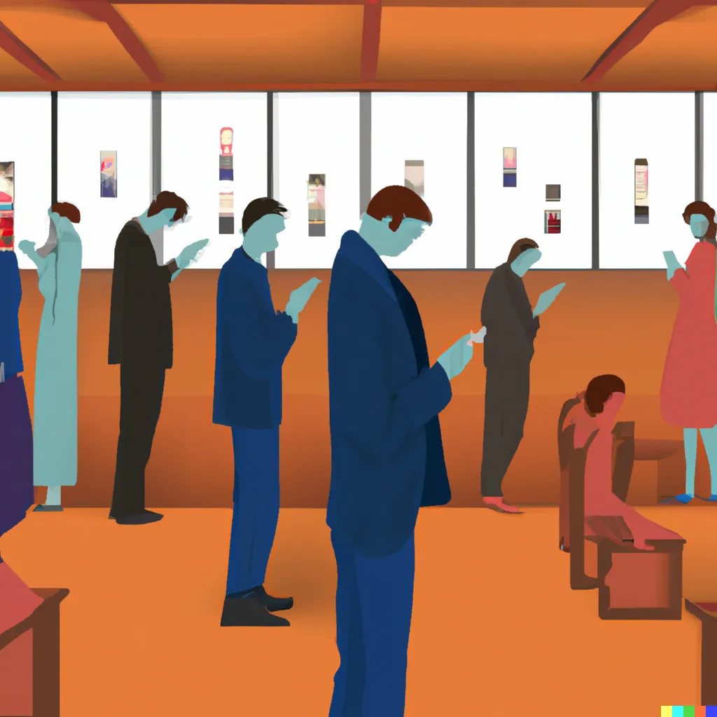 Another AI generated image of people in an art gallery staring at their phones