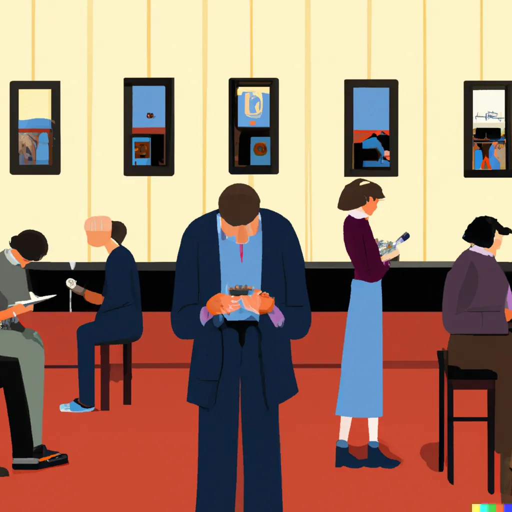 Another AI generated image of people in an art gallery staring at their phones