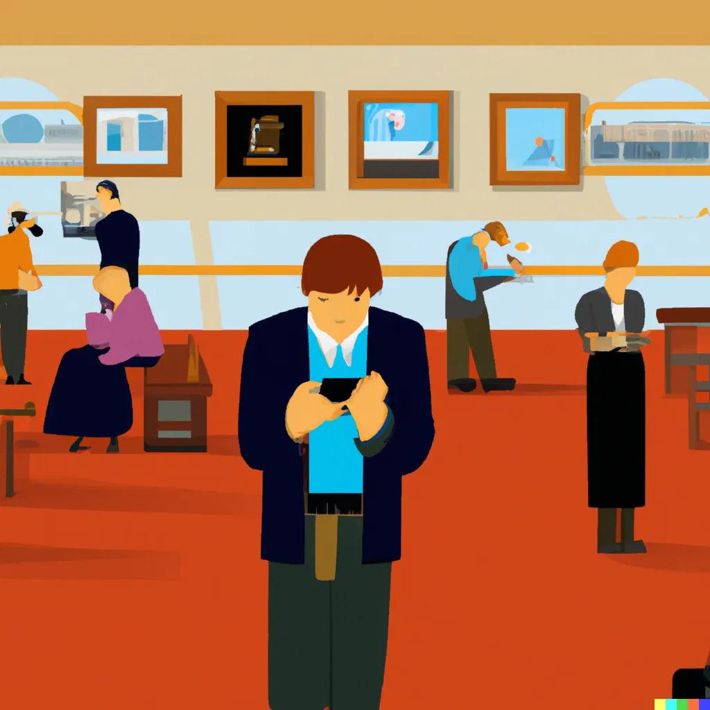 Another AI generated image of people in an art gallery staring at their phones