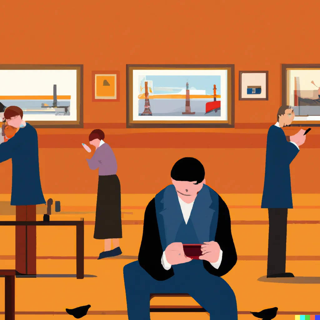 Another AI generated image of people in an art gallery staring at their phones