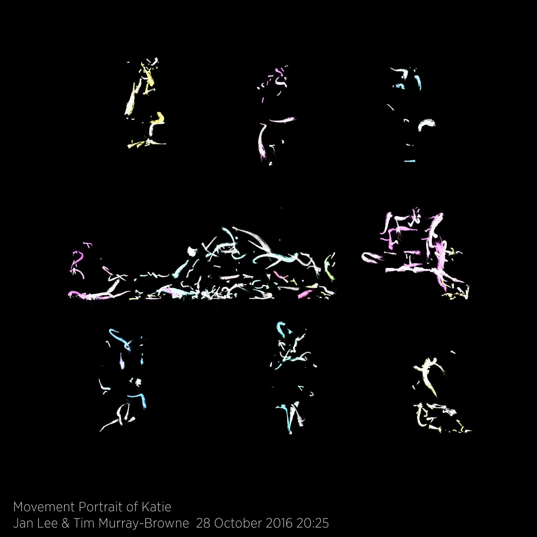 A movement portrait of Katie showing coloured marks on a black background recorded at different moments. Created as part of Movement Alphabet by Jan-Ming Lee and Tim Murray-Browne
