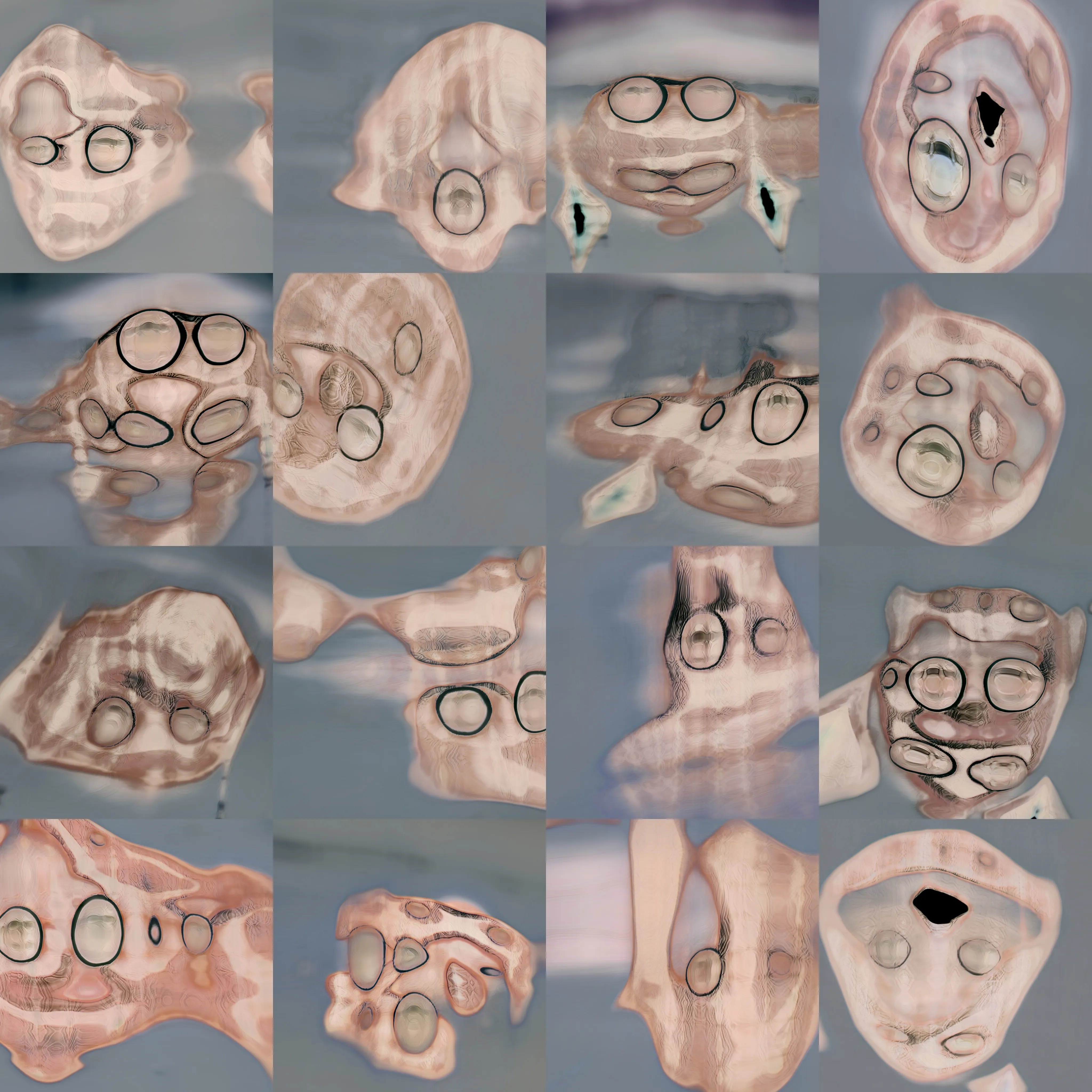 .small Embryonic Self-Portraits in Latent Space. Tim Murray-Browne, 2023. Embryonic Self-portrait in Latent Space. Artwork by Tim Murray-Browne. A grid of images showing abstract swirls faintly reminiscent of Tim's face.
