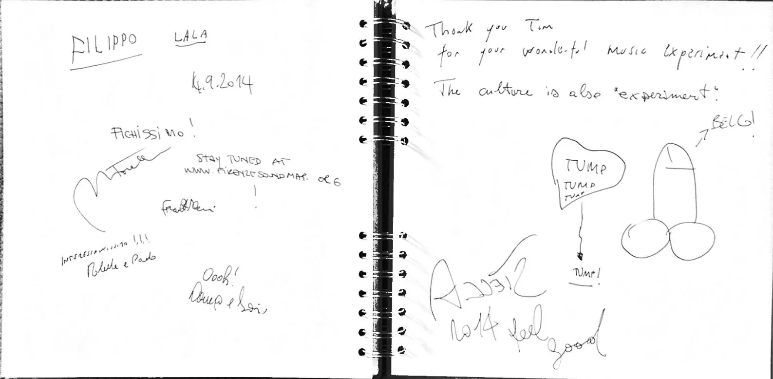 Photo of a comment book from an exhibition with various Italian comments and a doodle of a penis. Someone has drawn an arrow away from it and written "BELO!".