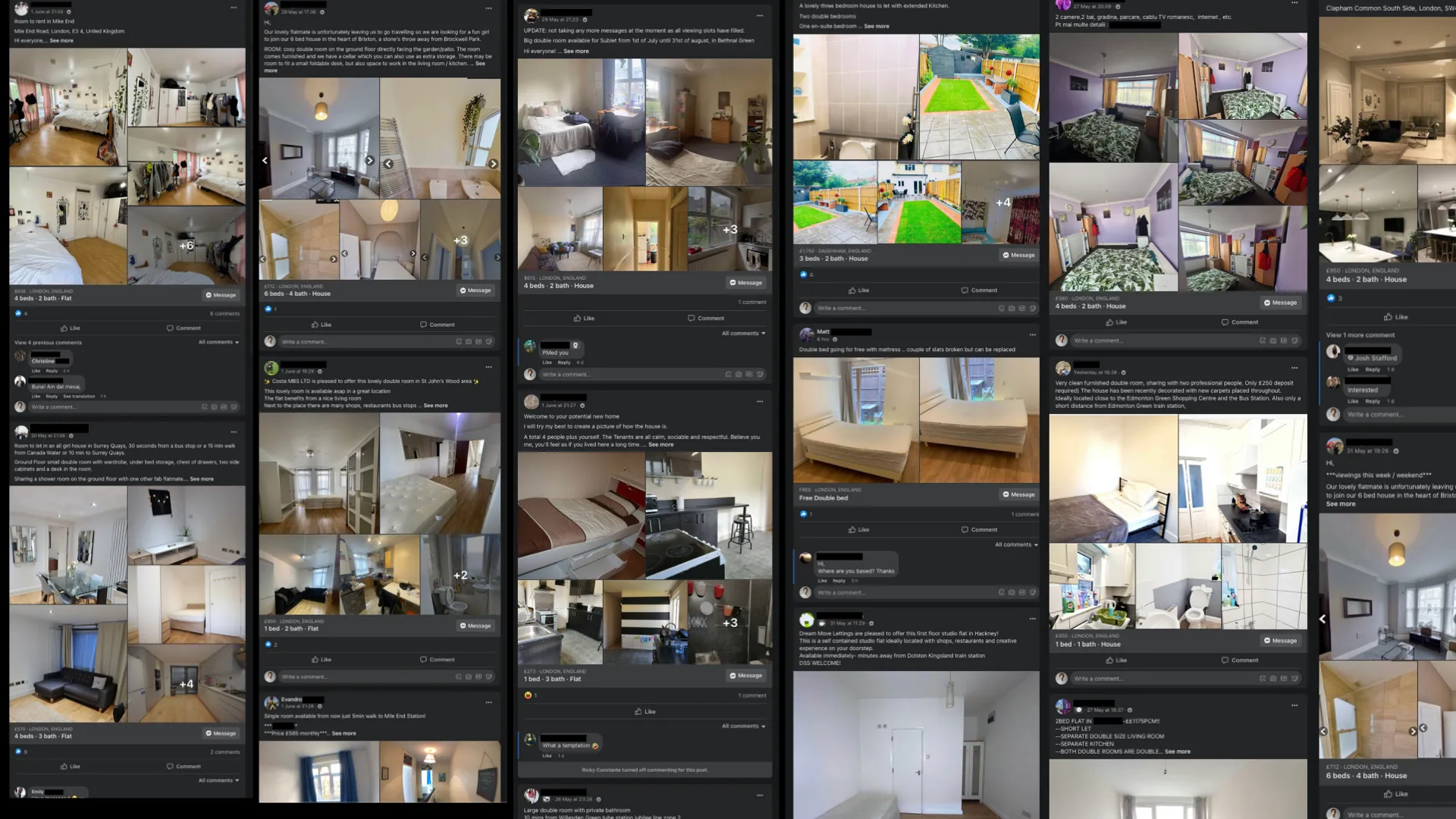 A screenshot of monotonously formatted posts from the Facebook group for finding a roomshare, modified to put it into multiple columns to make it easier to fit.