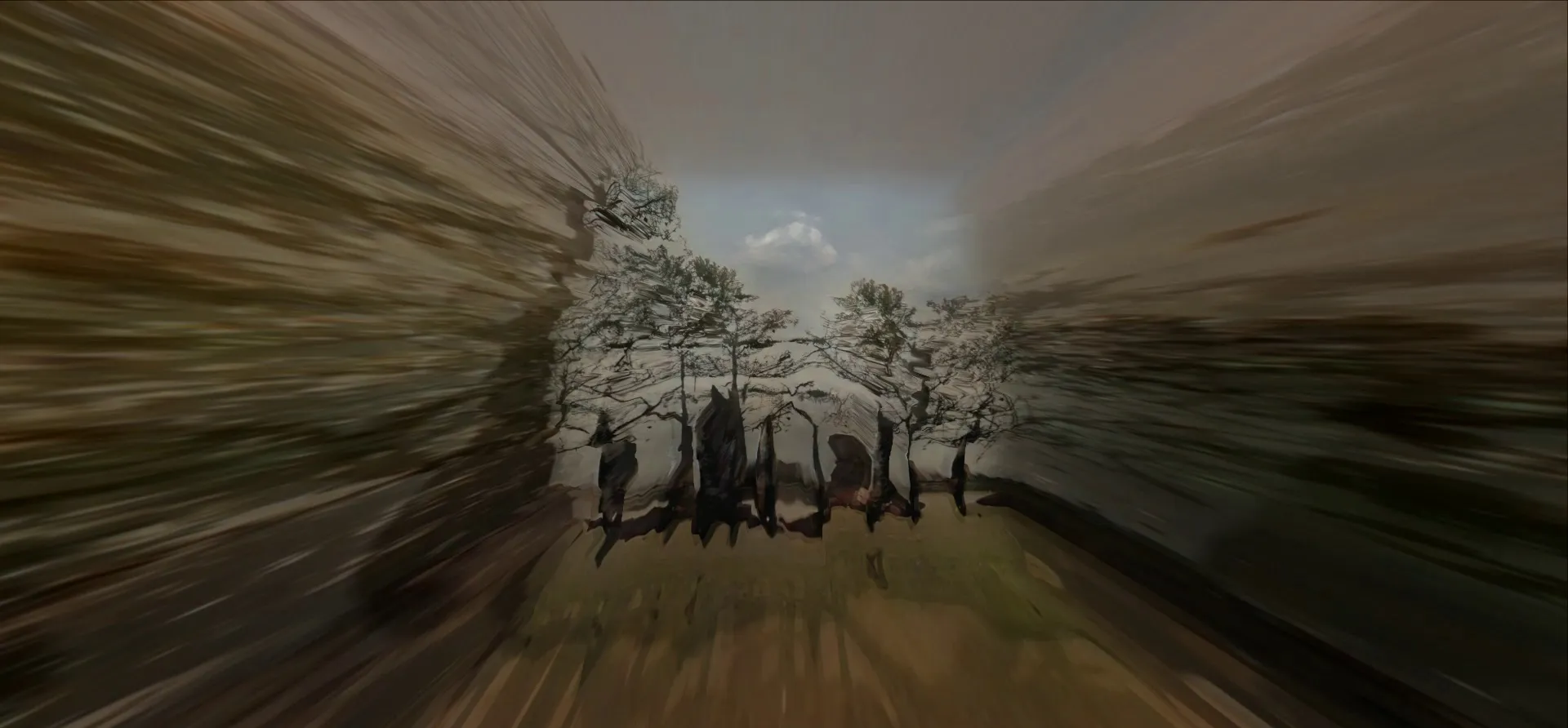 Work-in-progress preview of SELF ABSORBED by Tim Murray-Browne. An AI render of a space that looks like a graveyard with trees in the centre of the image, with a tunnel-like warping effect around it to make it seem far away.