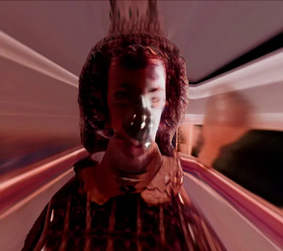 Work-in-progress preview of SELF ABSORBED by Tim Murray-Browne. A highly distorted AI render of a human face.