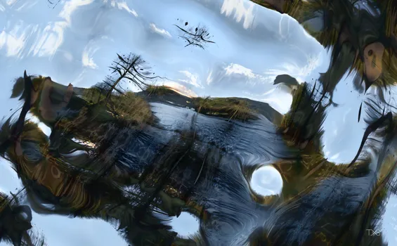 AI-rendered artwork “lake blue sky (1458)” by Tim Murray-Browne from the exhibition “Small Frame Infinite Canvas”. The image shows a lake with distortions around the edges of the frame as if the ink of the image was being swirled into whirlpools. 