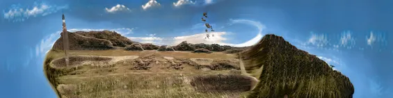 A still from ‘A short ride through hyperspace’ by Tim Murray-Browne. The AI-rendered image shows a dry plain seemingly suspended in a blue sky.