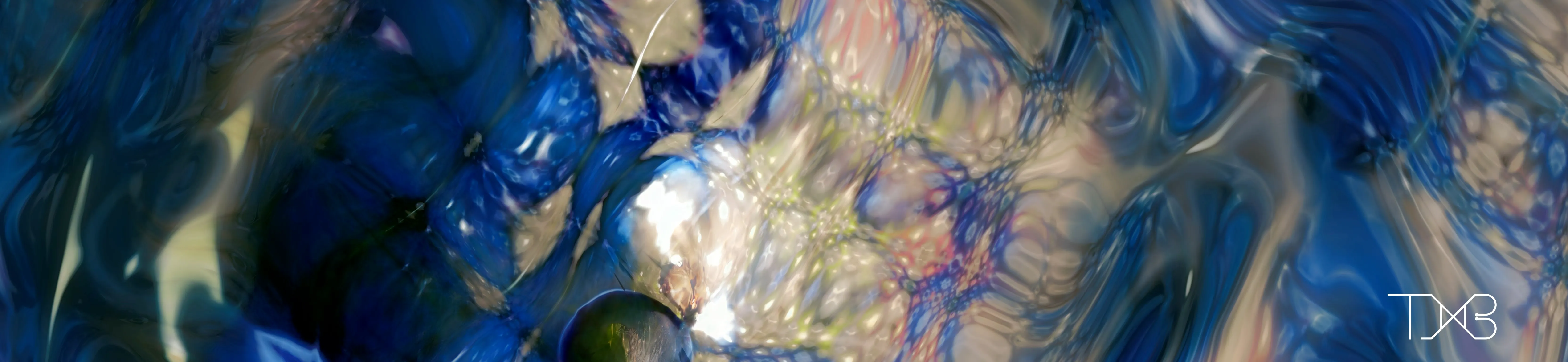 Still shot from Tim Murray-Browne's upcoming work from his project Diffeomorphism. An abstract image blue and grey textures with specular light reflections. Image (c) 2025 Tim Murray-Browne