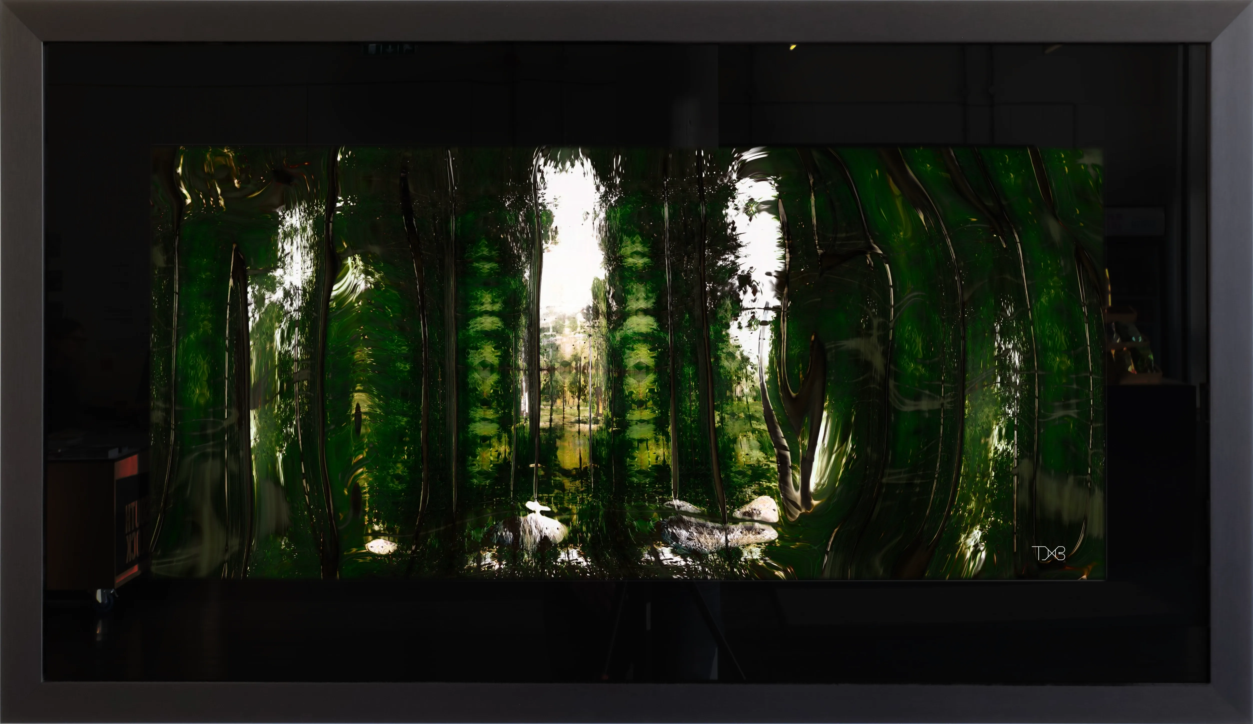 “woods (50169)” by Tim Murray-Browne, rendered using a custom-trained AI model. Part of his print series “Diffeomorphic Landscapes”.