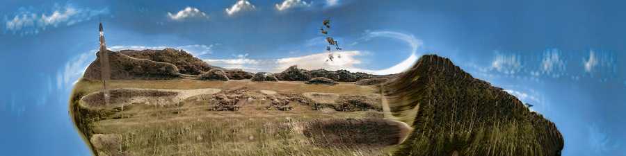 A still from ‘A short ride through hyperspace’ by Tim Murray-Browne. The AI-rendered image shows a dry plain seemingly suspended in a blue sky.