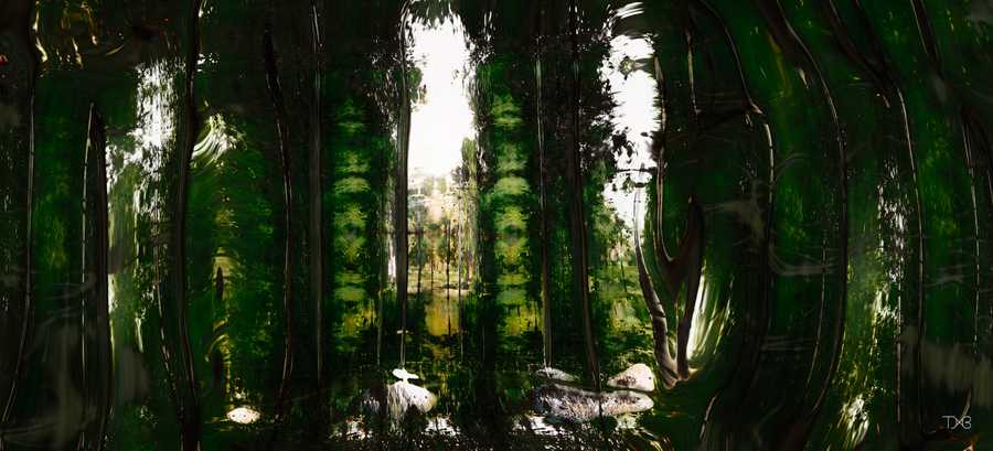 “woods (50169)”, AI-generated artwork by Tim Murray-Browne. A view in a woods with large green tree trunks rising. In the middle a clearing is visible beneath the sky.