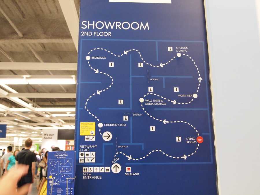 A photo of the map board in an Ikea showing its maze-like layout