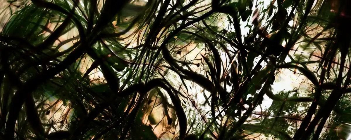 AI-rendered abstract image reminiscent of dense foliage. Still from “World Without End” by Tim Murray-Browne.