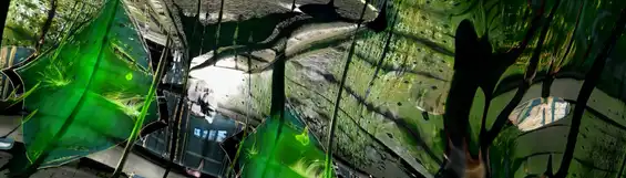 Still from “Submerged” by Tim Murray-Browne. Abstract image of green textures and lines with diamond shapes emerging. Image (c) 2026 Tim Murray Browne