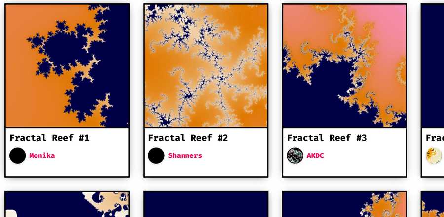 A screenshot of minted iteration tokens of the Fractal Reef generative token on the fxhash platform