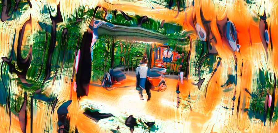 “garden (50169)”, AI-generated artwork by Tim Murray-Browne. An image reminiscent of a garden with lots of orange and green.