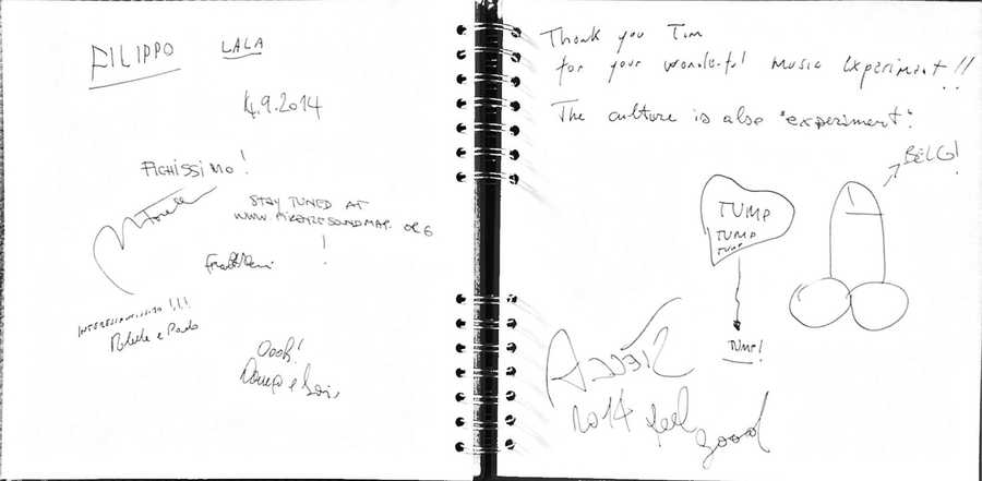 Photo of a comment book from an exhibition with various Italian comments and a doodle of a penis. Someone has drawn an arrow away from it and written "BELO!".